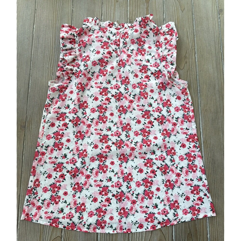 Pink White Floral Print Sleeveless Button Ruffled Neck Blouse Women’s Small - Picture 2 of 5